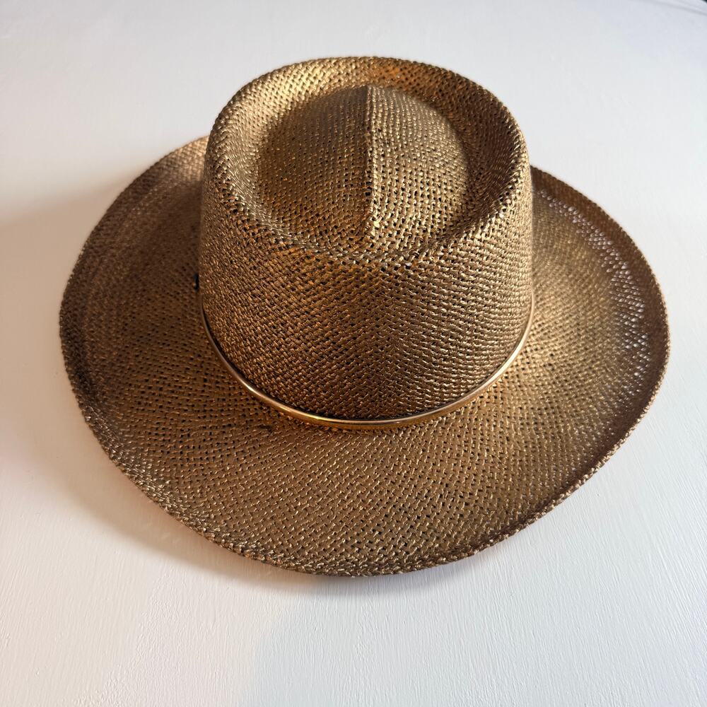 JHats Mexico Metallic Gold Straw Panama Unisex Hat-Small-Rigid Telescope Crown